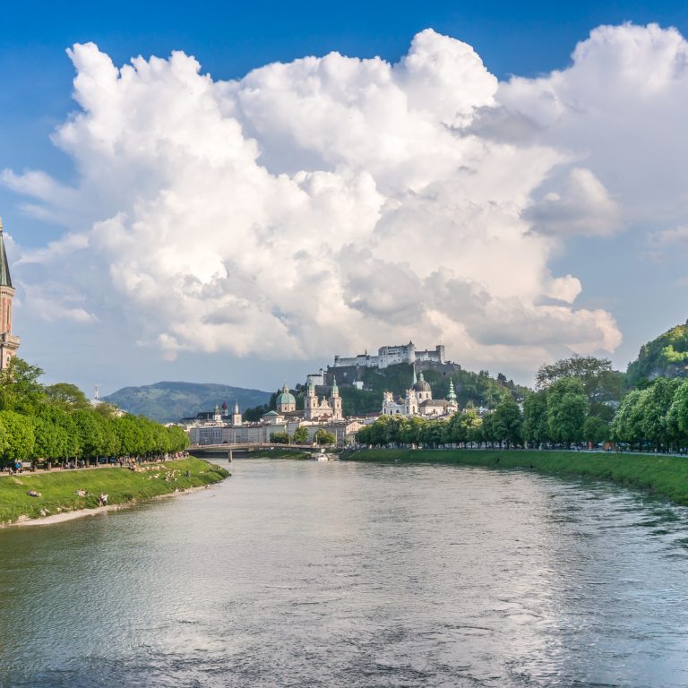 Historic city of Salzburg with river Salzach in summer, Austria